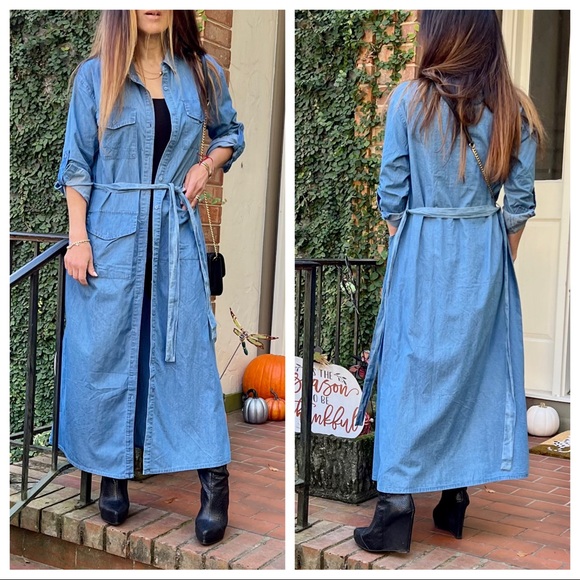 Paris fashion chic jean belted shirt Maxi dress - Picture 9 of 11